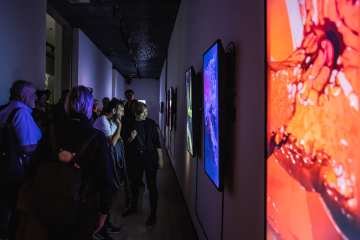 napravo jsou návštěvníci, kteří se koukají na nalevo instalované digitální umění během Signal festivalu