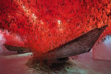 The Key in The Hand, 2015. Old key, Venetian boat, red wool. Solo exhibition: Japan Pavilion, 56th Venice Biennale, Venice, Italy.