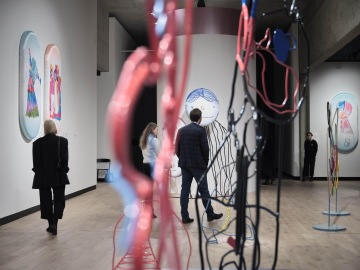 view into Magidová's exhibition throught colorful metal sculptures